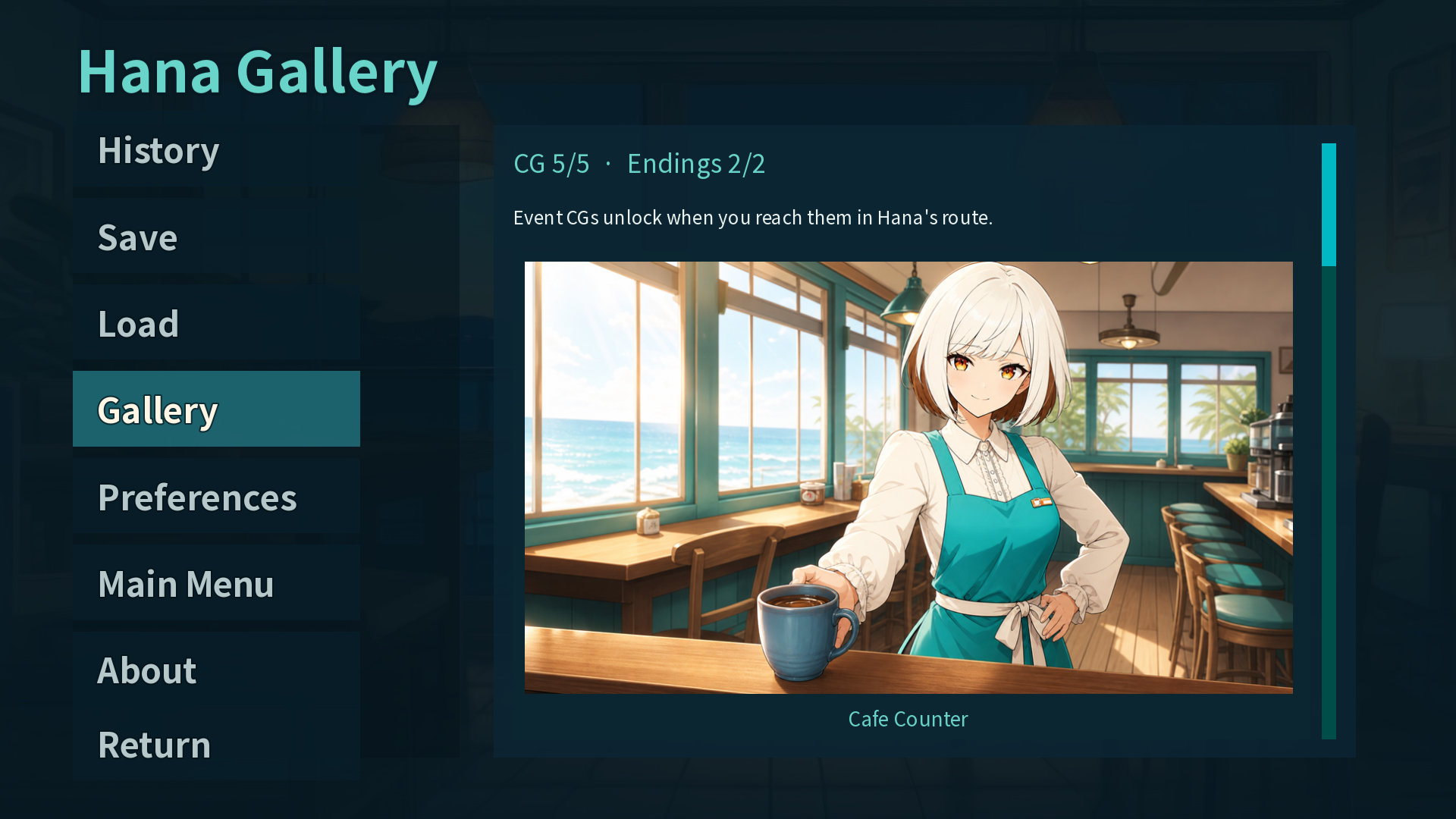 A development Gallery opened with Ren'Py's phone variant on Windows. CG 5/5 and Endings 2/2 are the fixture's prepared unlock state; this is not an Android APK capture or an ordinary play-progress record.