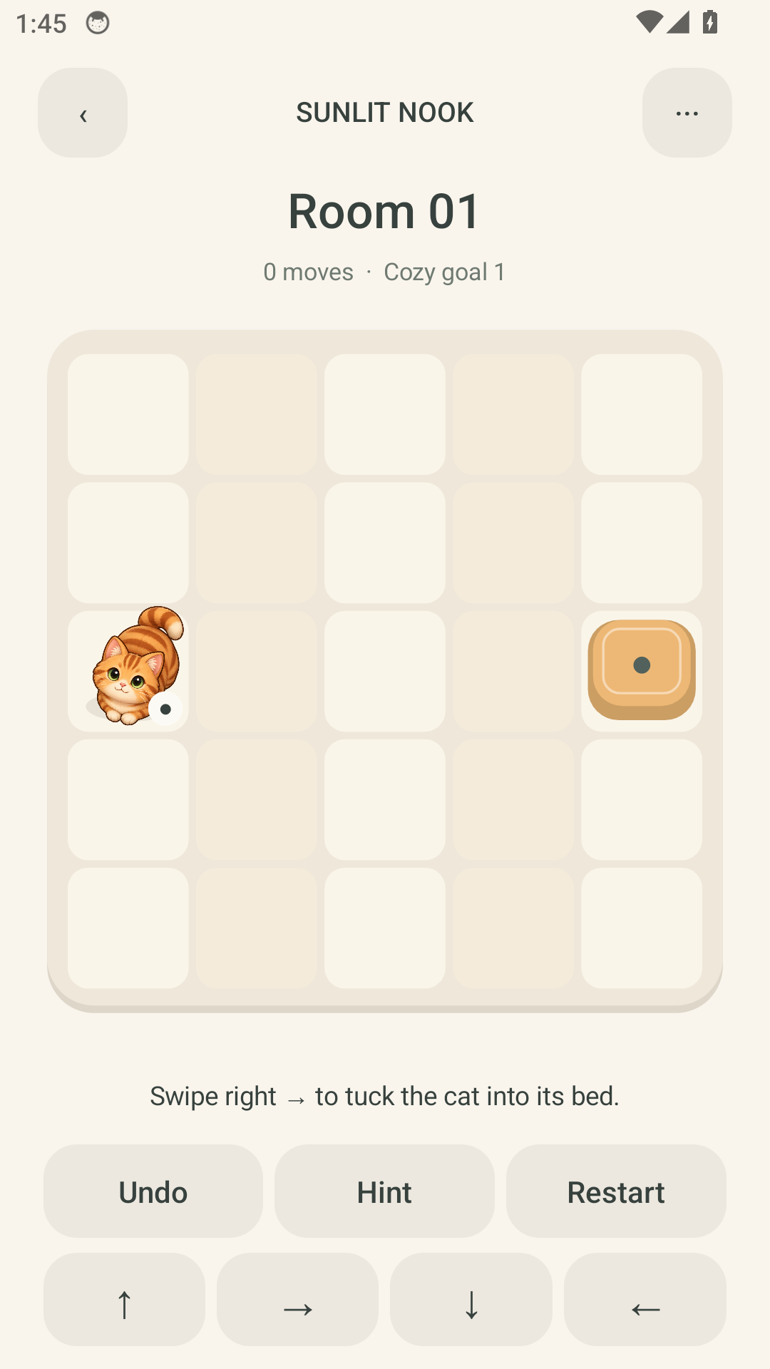 Room 01 in the signed Naptide 1.0.0 app. One swipe right reaches the bed with the matching circle mark. Captured September 8, 2026.